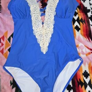 Cupshe Blue One Piece Swimsuit with Cream Lace
